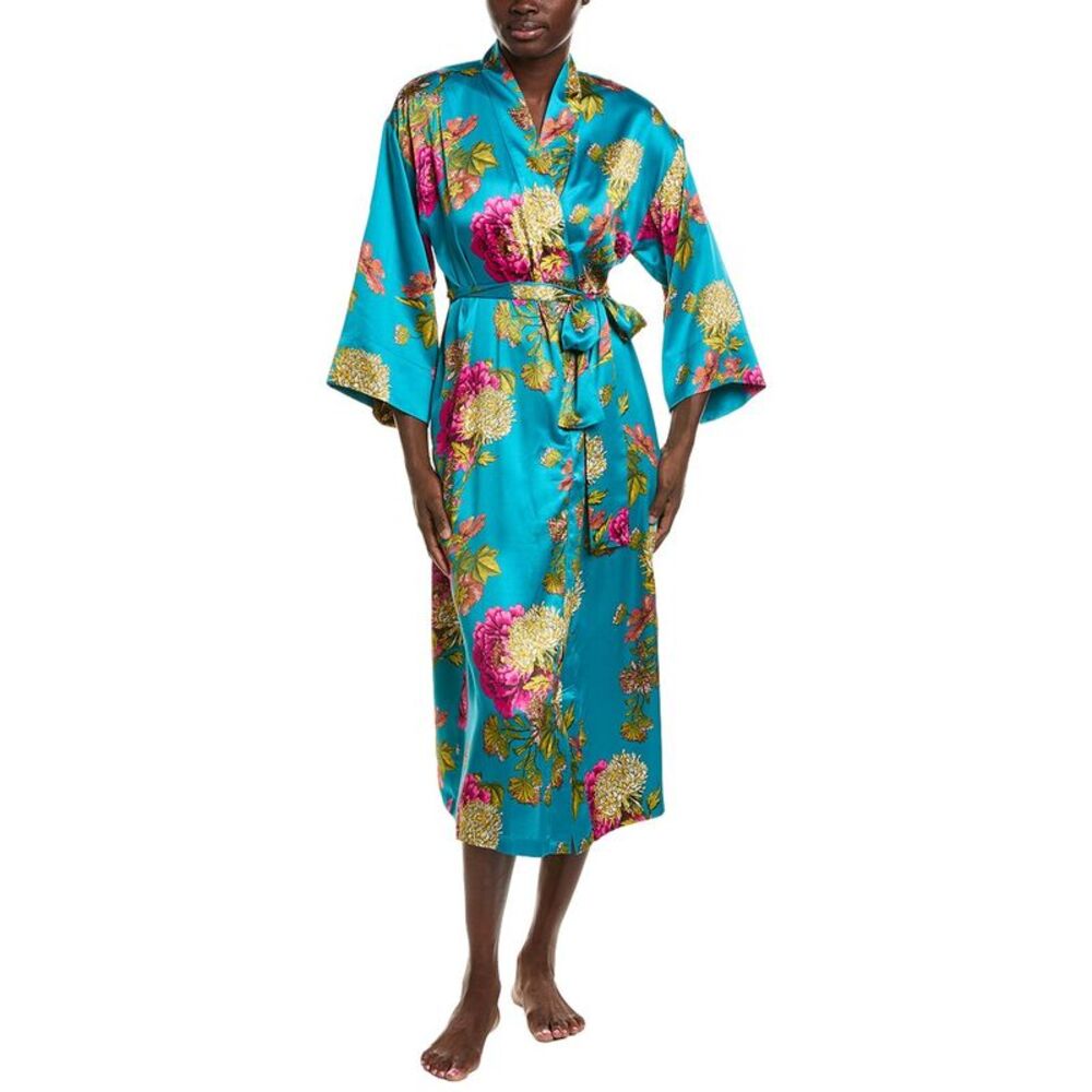 N Natori Womens  Crysanthe Printed Satin Robe, Blue